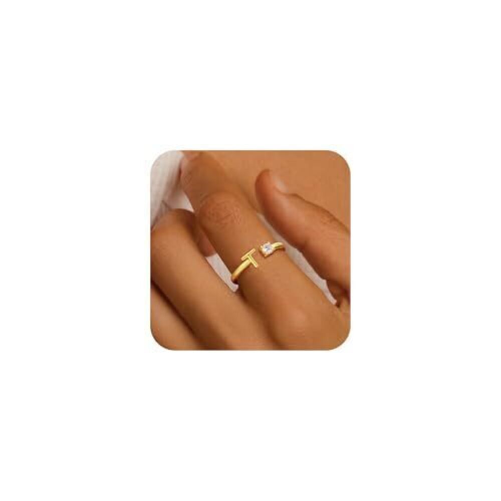 9254 Initial Rings Girls, 18K Rral Gold Plated T Initial Ring for Girls Age